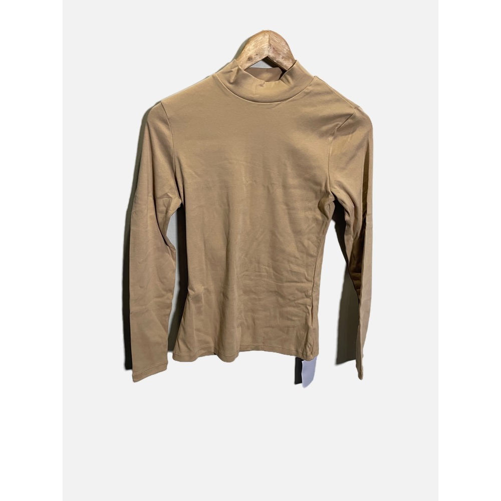MangoPop Mock Neck Top Womens Medium Tan Long Sleeve Stretch Basic Layering
